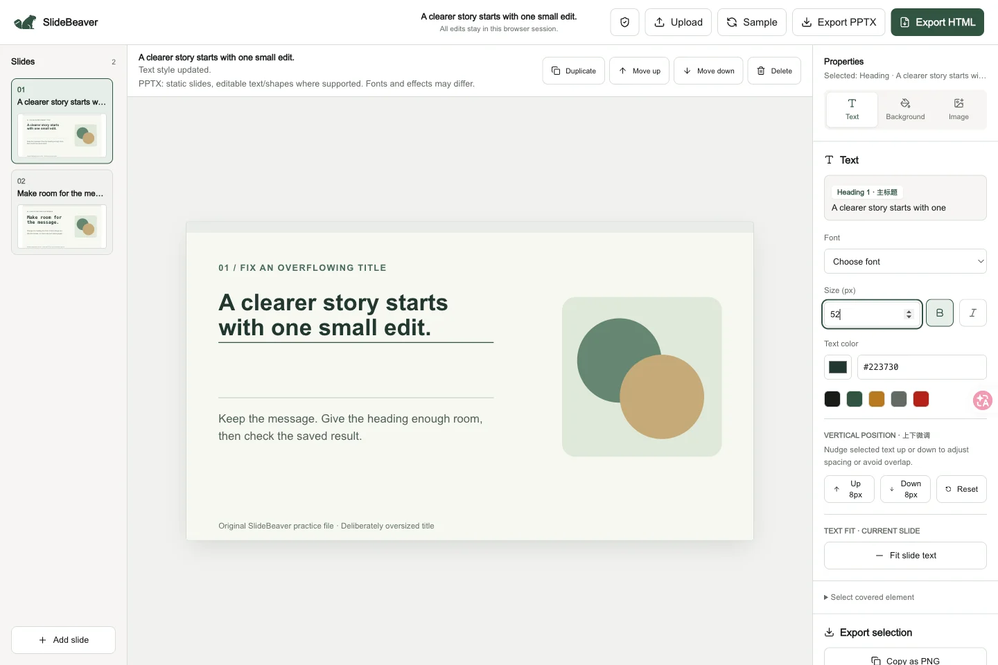 The actual SlideBeaver editor: slide thumbnails on the left, the selected heading on the canvas, Size (px) set to 52 in Properties on the right, and Upload and export buttons across the top