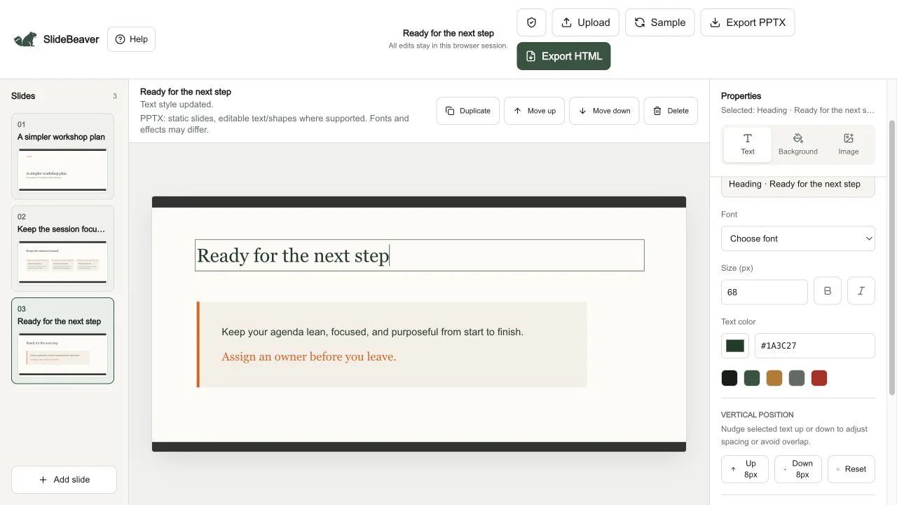 The corrected heading with Size (px) set to 68 in SlideBeaver.