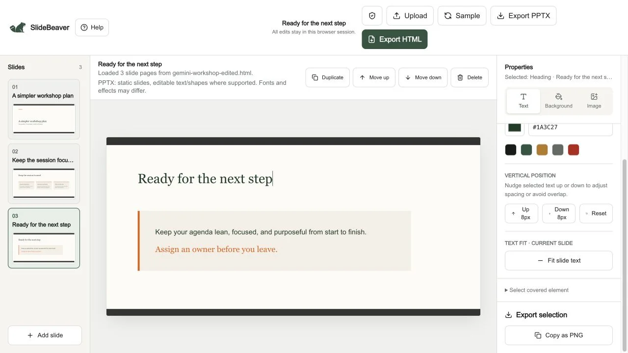 The exported HTML reimported into SlideBeaver with the corrected title and retained 68 px size.