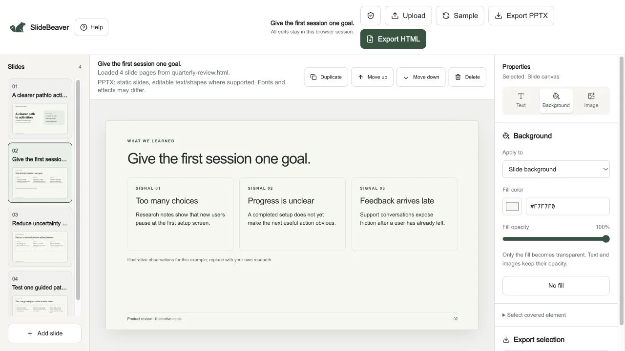 The four-slide quarterly review loaded in the SlideBeaver editor.