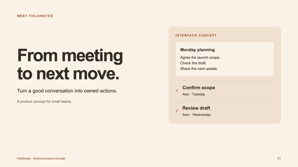 Fieldnotes product introduction slide showing a meeting note and three assigned action items
