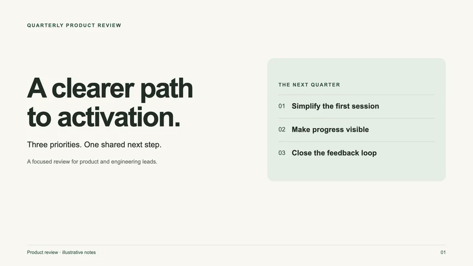 Quarterly review slide with the heading A clearer path to activation and three priority cards